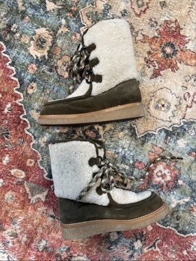 Aquatalia Olive Suede & Cream Sherpa Lace-Up Winter Boots